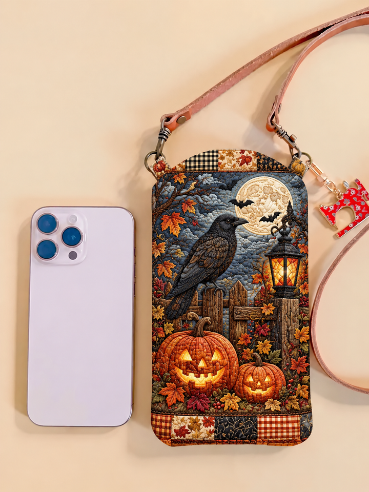 Slim Quilted Phone Crossbody Bag – Raven and Pumpkins in the Moonlight