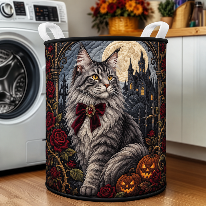 Quilted Laundry Basket – Grey Cat and Pumpkins in a Dark Style