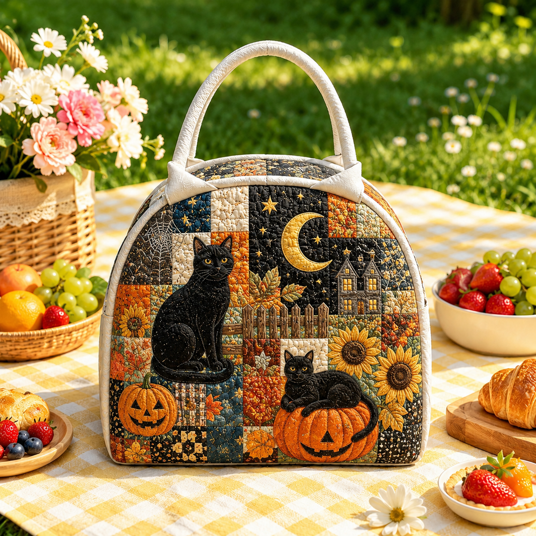 Quilted Lunch Bag – Black Cat on Harvest Night