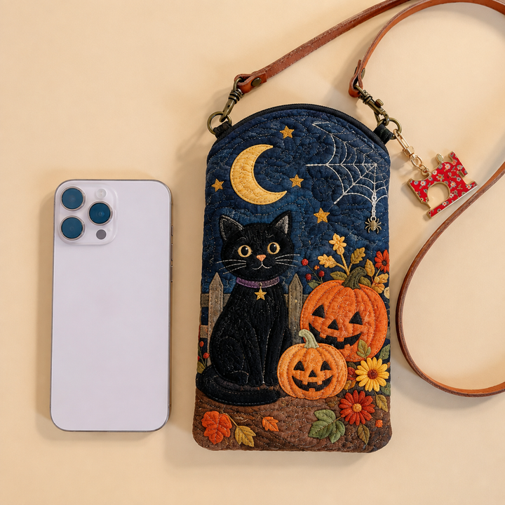 Slim Quilted Phone Crossbody Bag – Black Cat on Pumpkin Night