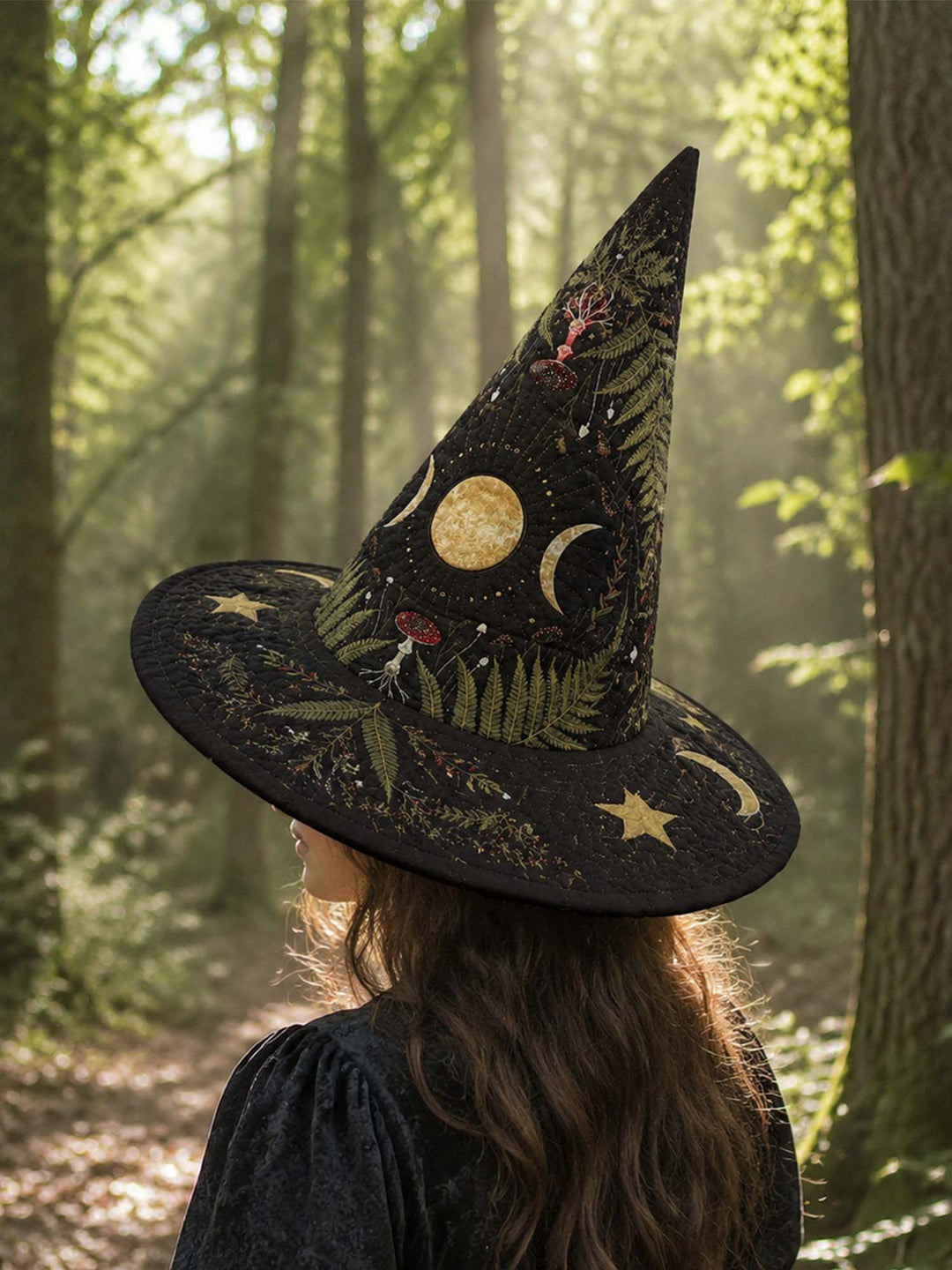 Handmade Quilted Witch Hat – Mushrooms in a Dark Enchanted Forest