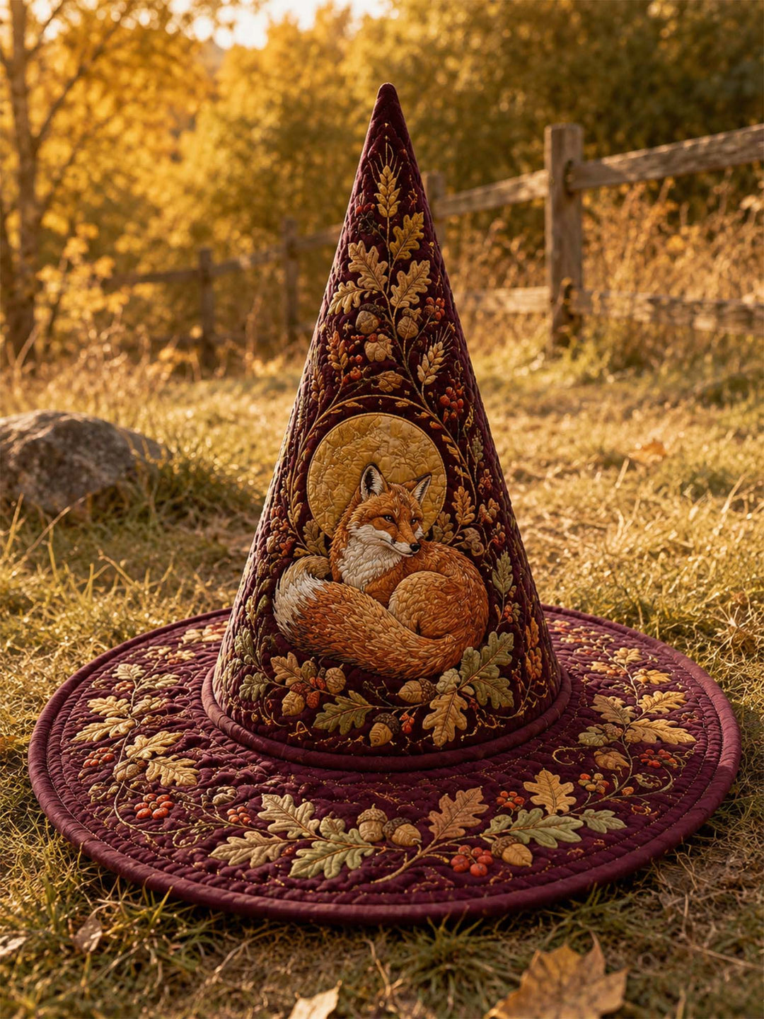 Handmade Quilted Witch Hat – Autumn Fox by a Woodland Cottage