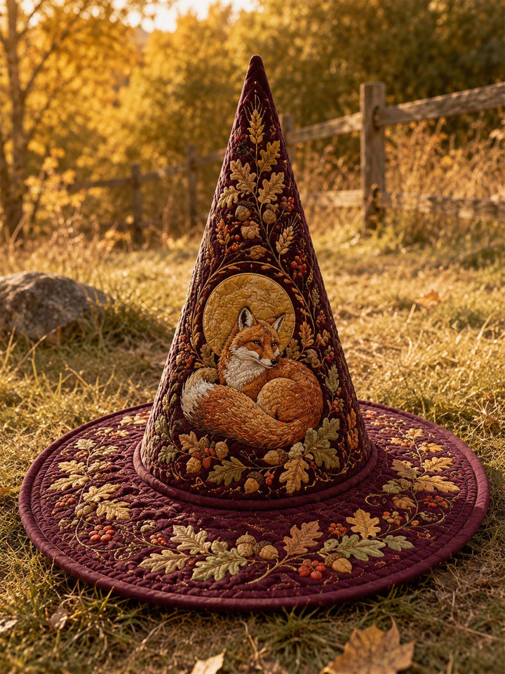 Handmade Quilted Witch Hat – Autumn Fox by a Woodland Cottage