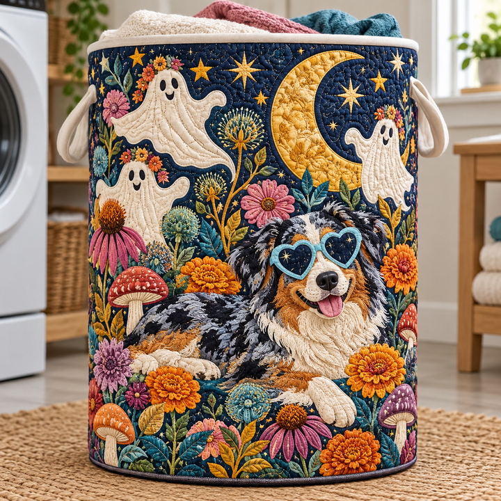 Quilted Laundry Basket – Border Collie in a Ghost Garden by Moonlight