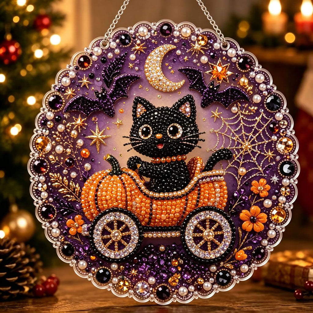 🔥Limited time 70% OFF - 🎃✨ Halloween Pearl Diamond Art Hanging Ornament Kit – Sparkling DIY Window Hanging Decor – 🐈‍⬛🎃 Pumpkin Carriage Cat