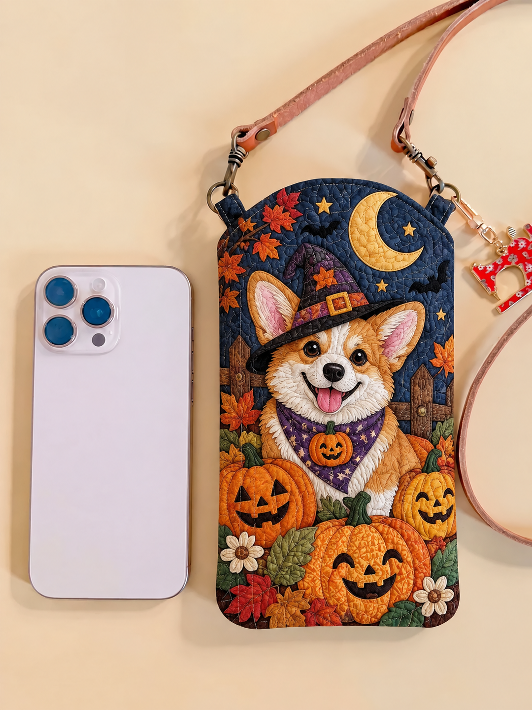 Slim Quilted Phone Crossbody Bag – Corgi with Pumpkins for Halloween