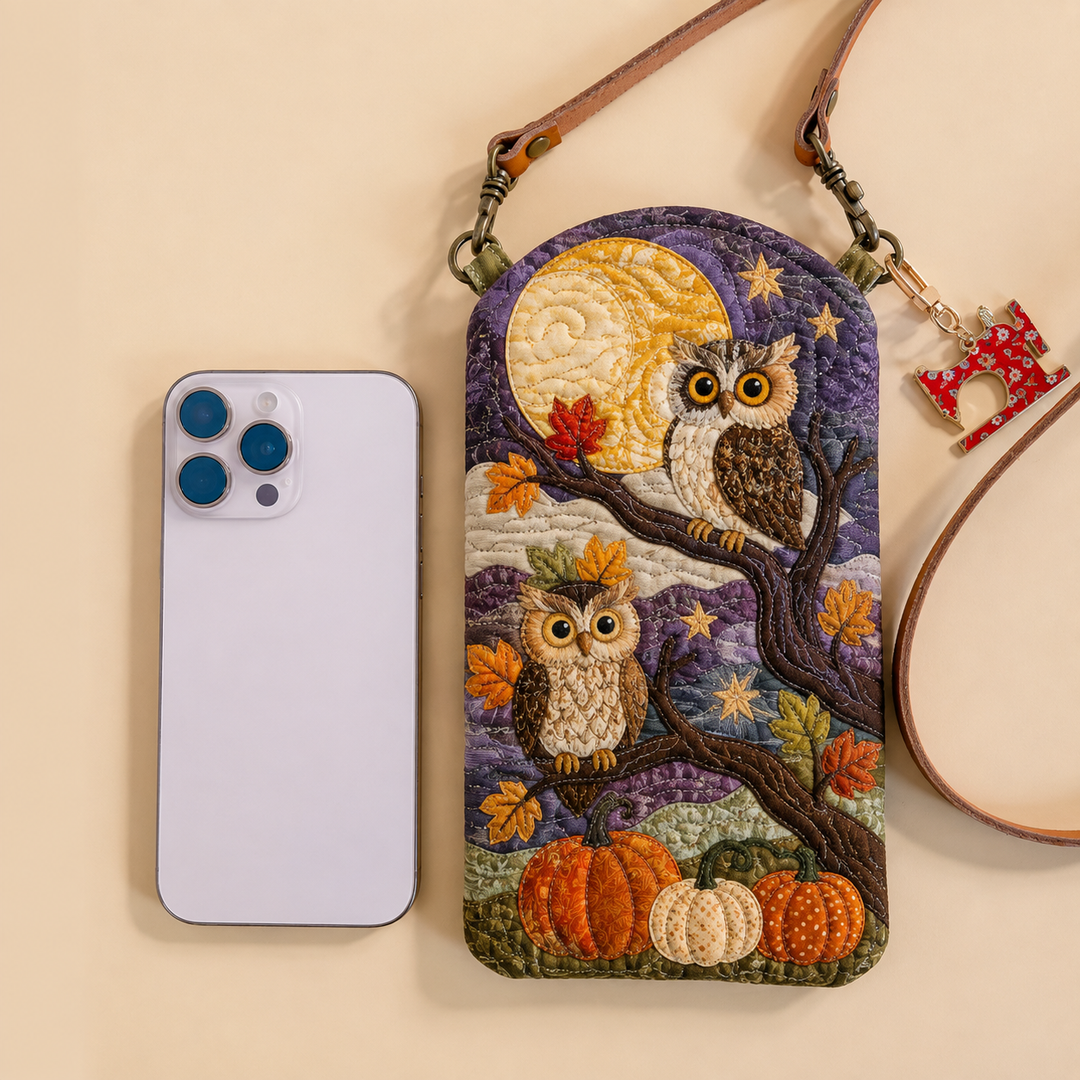 Slim Quilted Phone Crossbody Bag – Owl in a Pumpkin Grove by Moonlight
