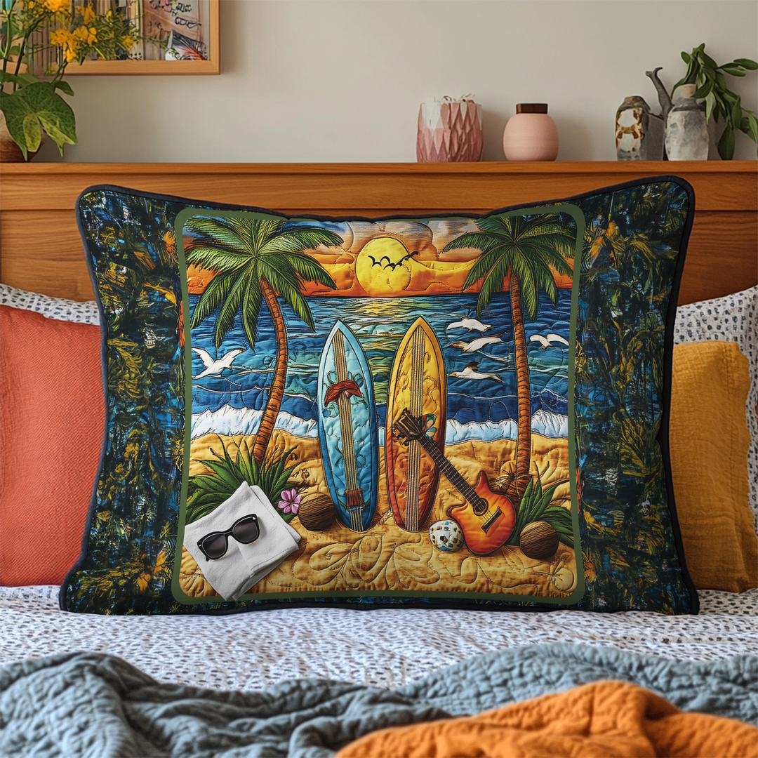 Quilted cushion cover with beach board and spirit of adventure NCU0DK7892