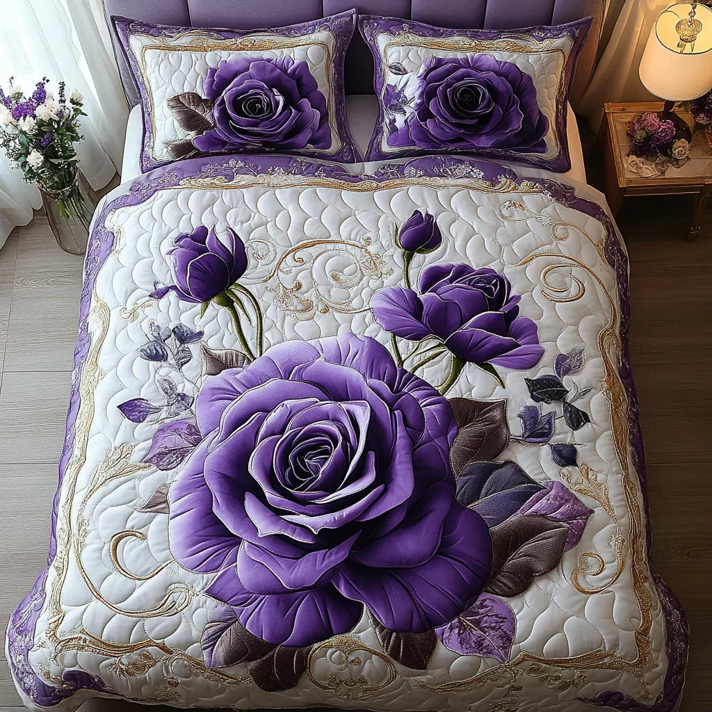 Quilted 3-Piece Bedding Set - Pink Purple