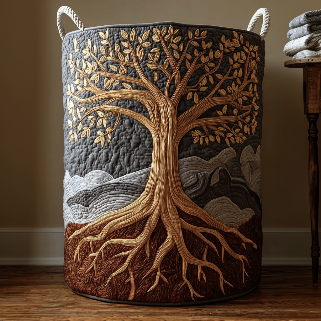 Quilted laundry basket with natural landscape by Louise London