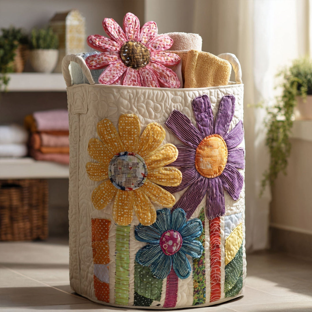 Quilted laundry basket with vintage flowers by Louise London