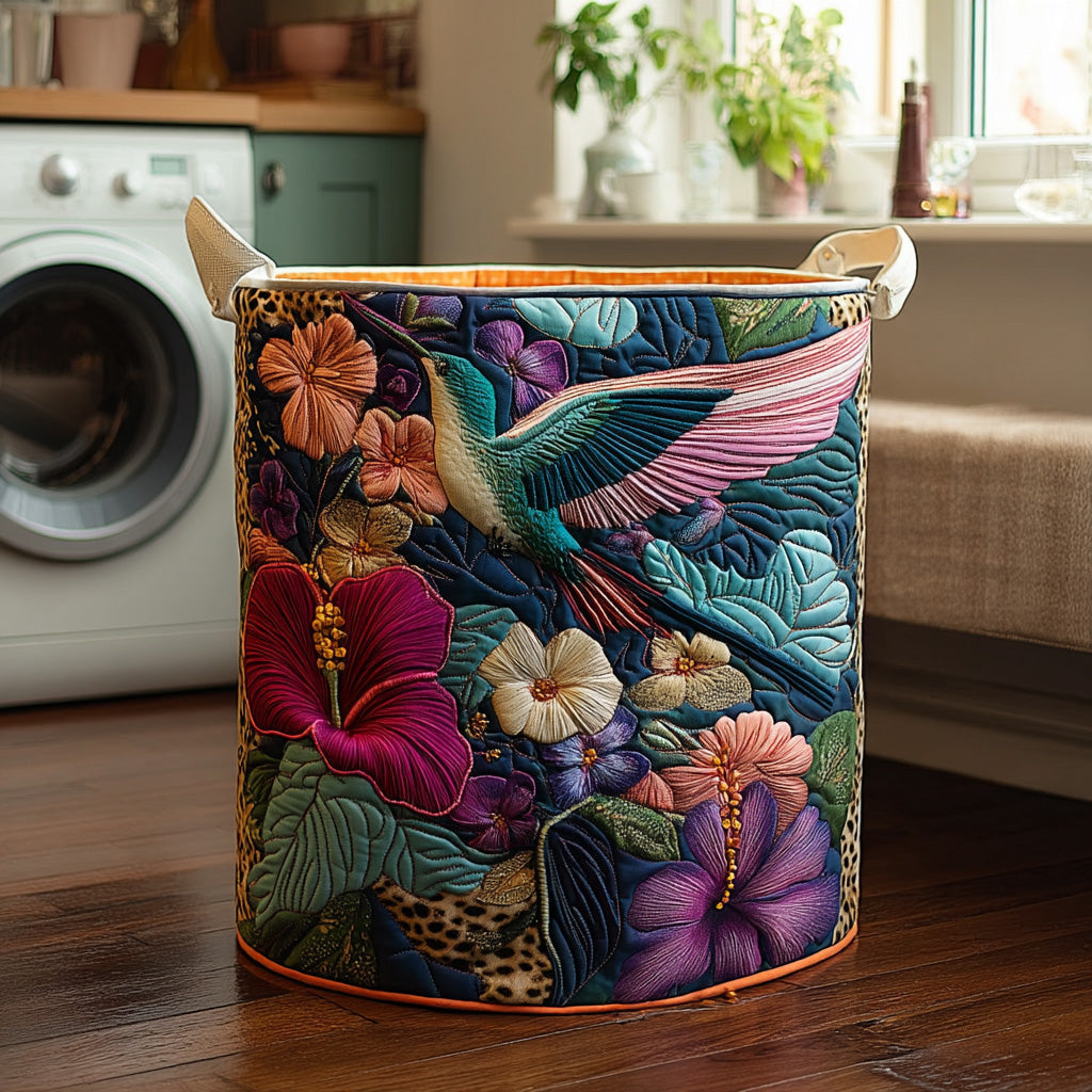 Quilted laundry basket with hummingbirds by Louise London