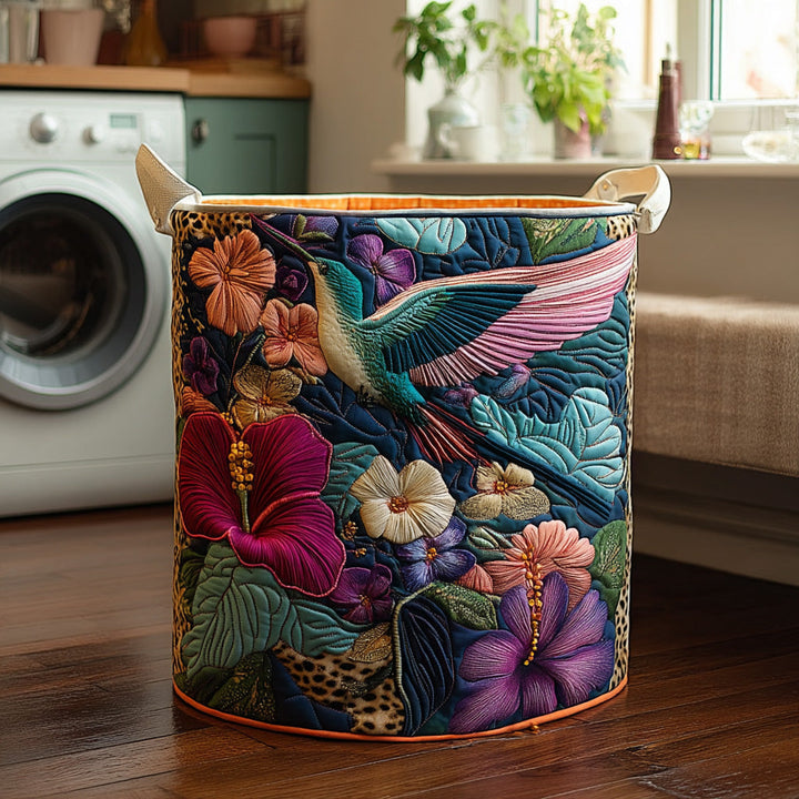 Quilted laundry basket with hummingbirds by Louise London