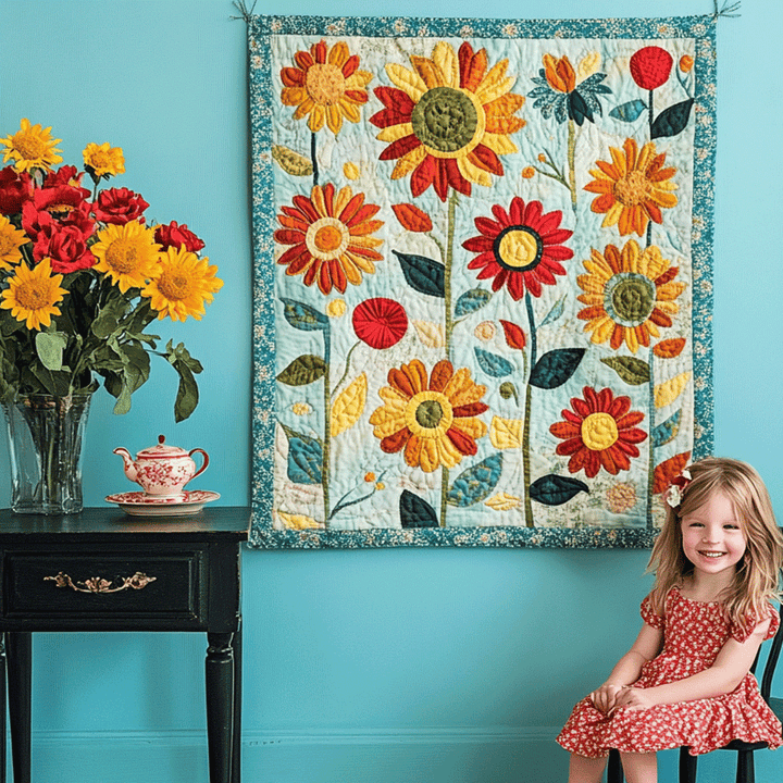 Artistic Sunflowers Garden Art Quilt Hanging by Louise London