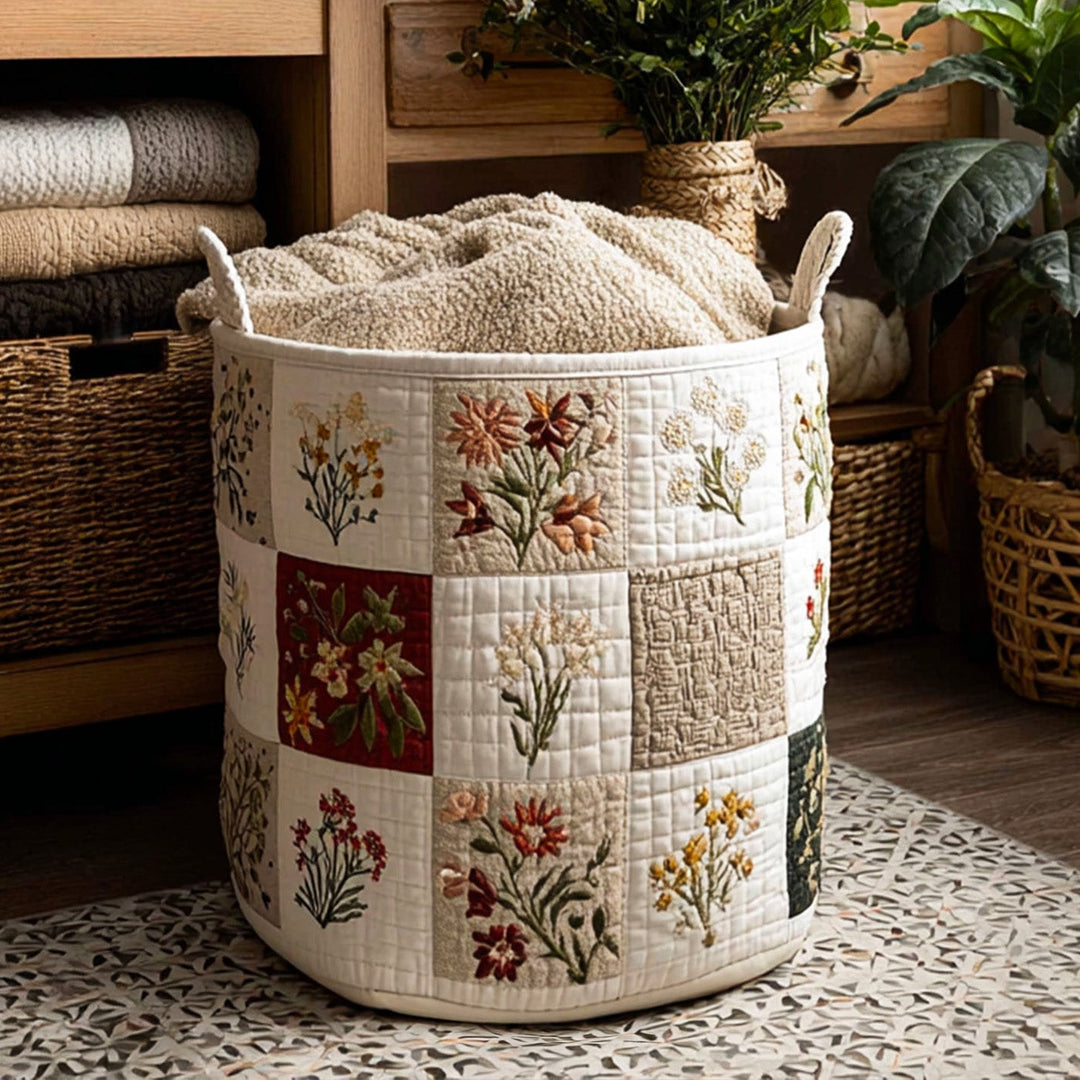 Quilted laundry basket with floral pattern by Louise London
