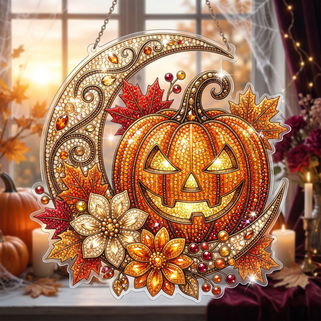 🔥HOT SALE 70% OFF - 🎃✨ Halloween Diamond Art Ornament Kit – Sparkling DIY Window Hanging Decor – 🌙🎃 Autumn Moon Pumpkin