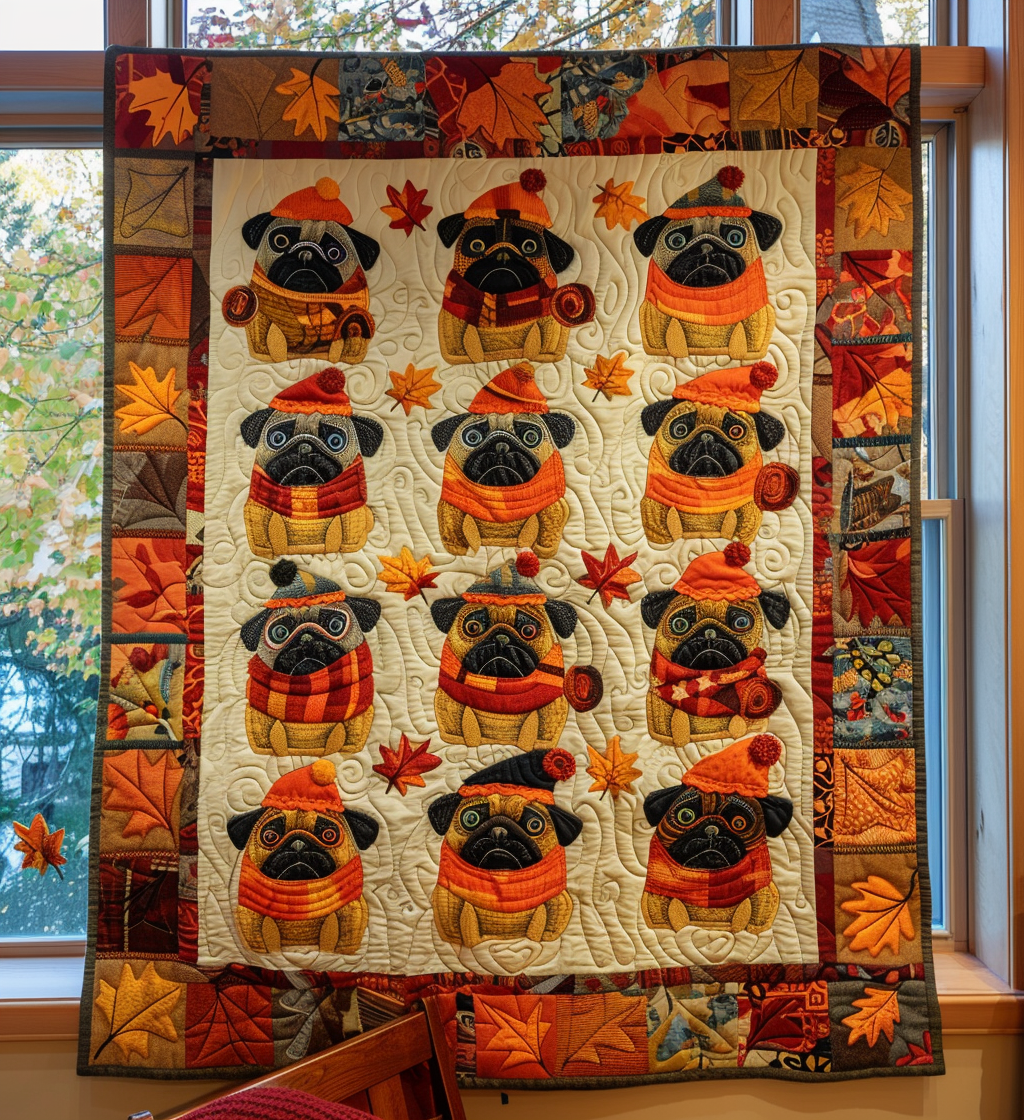 Quilted Blanket Pugs Autumn Vibe – Louise London quilted blanket