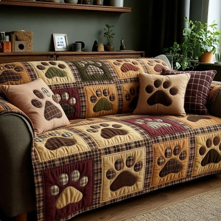 Quilted sofa cover with paw print and autumn heart – Louise London