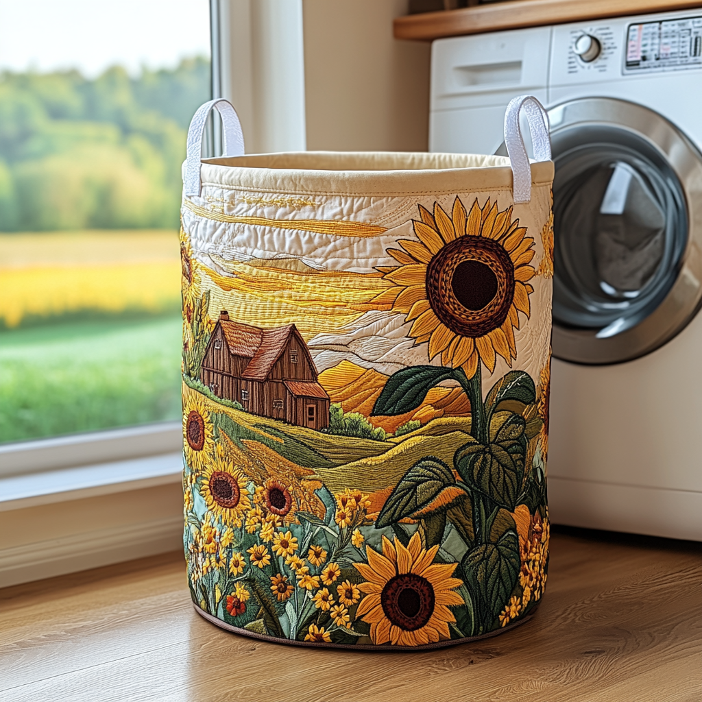 Quilted laundry basket with barn and flower meadow by Louise London