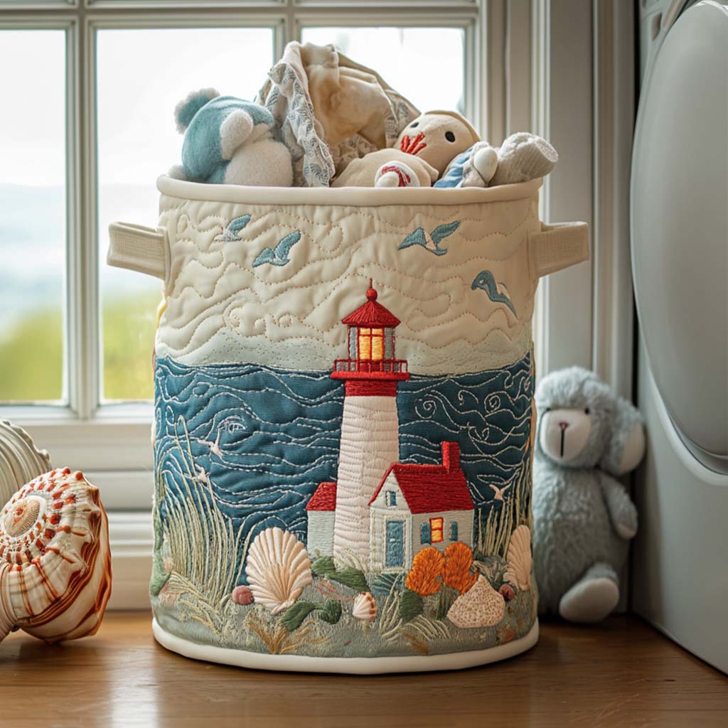 Quilted laundry basket with lighthouse by the sea NCU0QN010