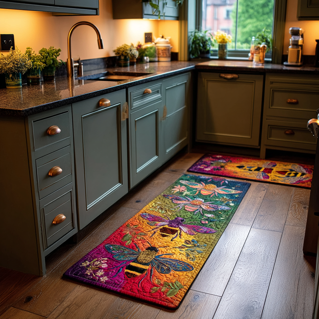 Non-slip kitchen rug with bees and flowers by Louise London