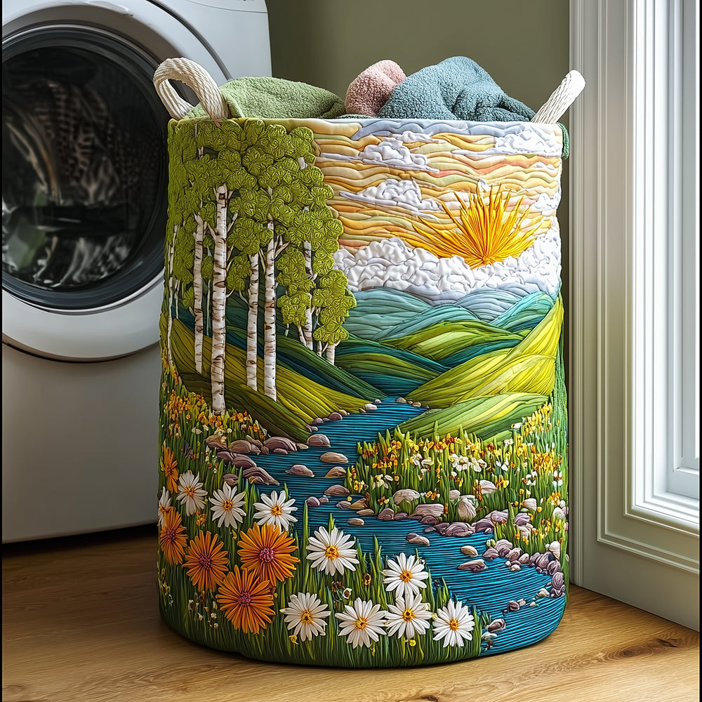 Quilted laundry basket with natural landscape by Louise London