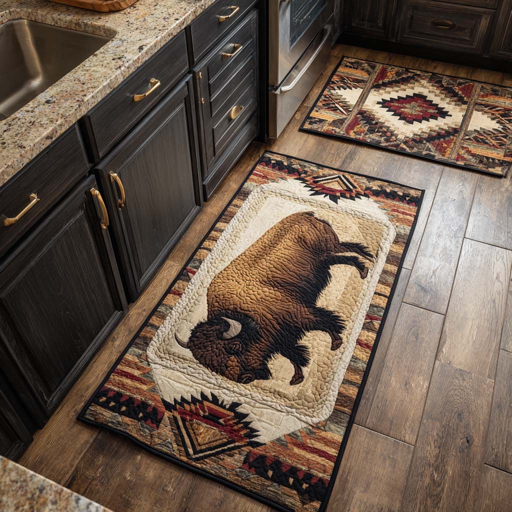 Non-slip kitchen rug with bison and natural spirit by Louise London
