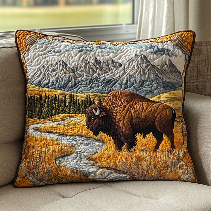 Quilted Pillow Cover with Bison in the Path NCU0DK9204
