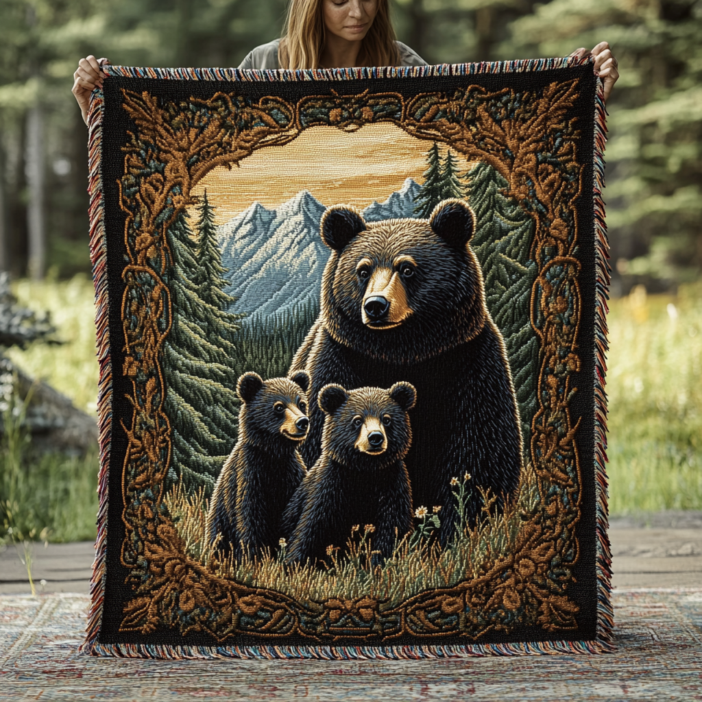 Black Bear Family Woven Blanket by Louise London – product view