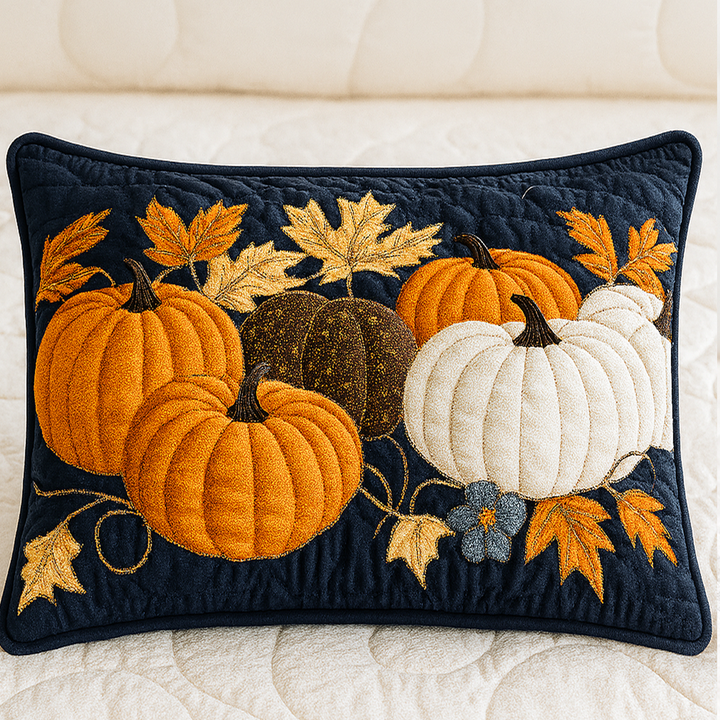 Quilted Pillow Cover with Autumn Pumpkins by Louise London