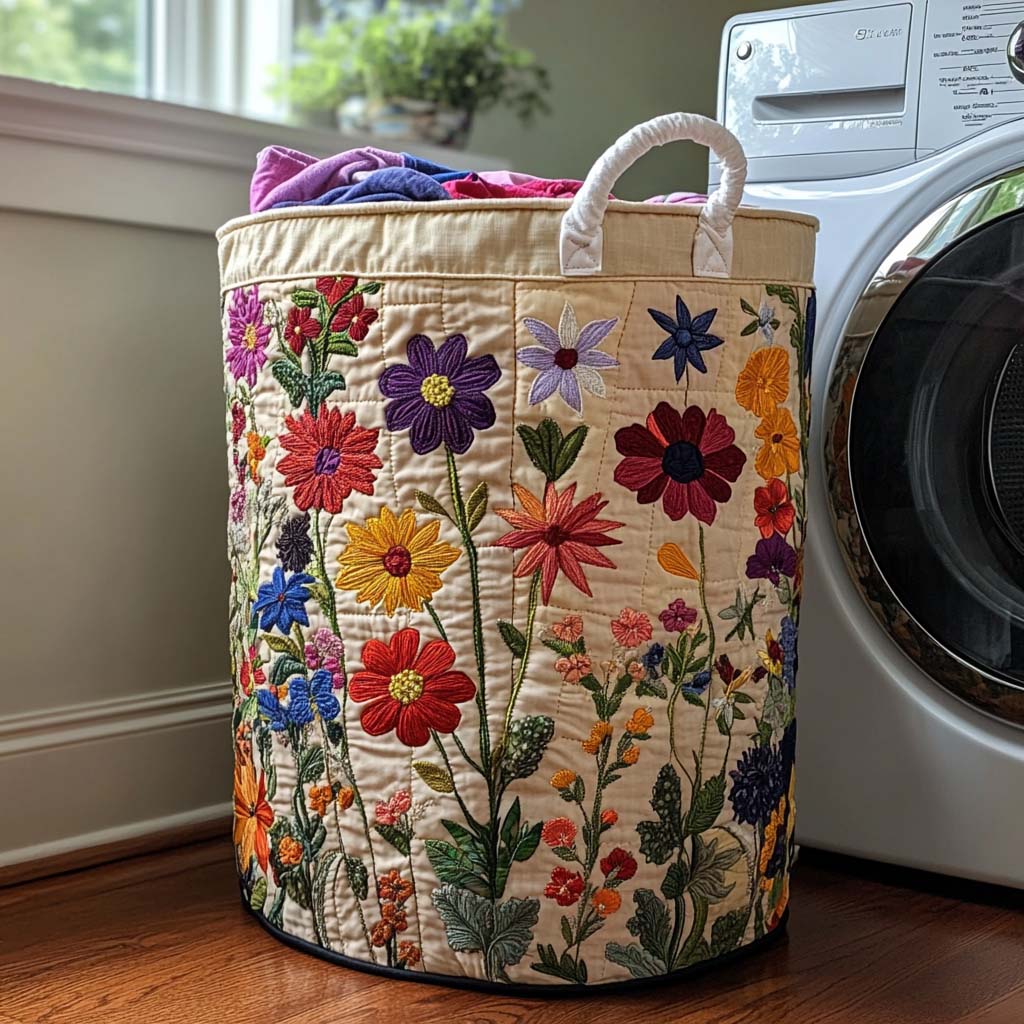 Quilted laundry basket with floral pattern by Louise London
