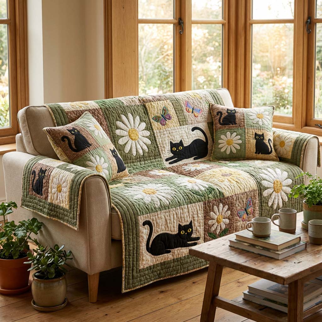 Quilted sofa cover with cat and flowers – Louise London