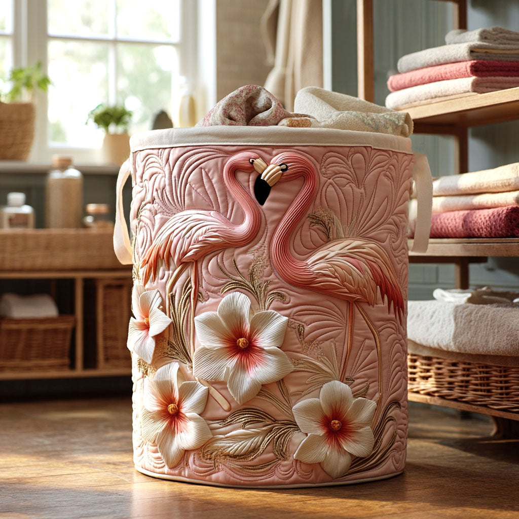 Quilted laundry basket with flamingos by Louise London