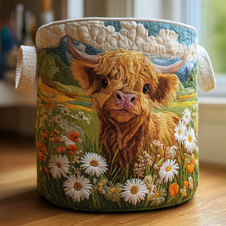 Padded laundry basket with Highland cow and flowers by Louise London