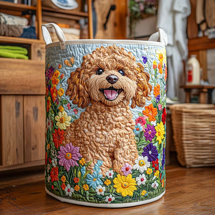 Quilted laundry basket with cheerful puppies by Louise London