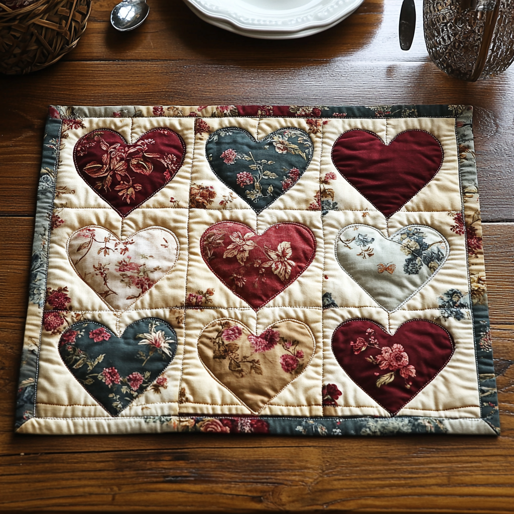 Quilted Placemat Floral Hearts by Louise London