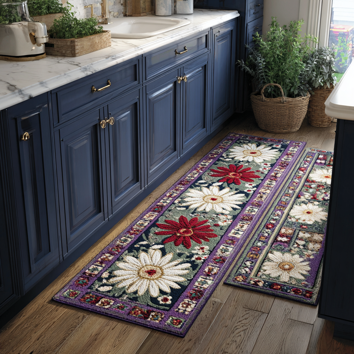 Non-slip kitchen rug with delicate flowers by Louise London