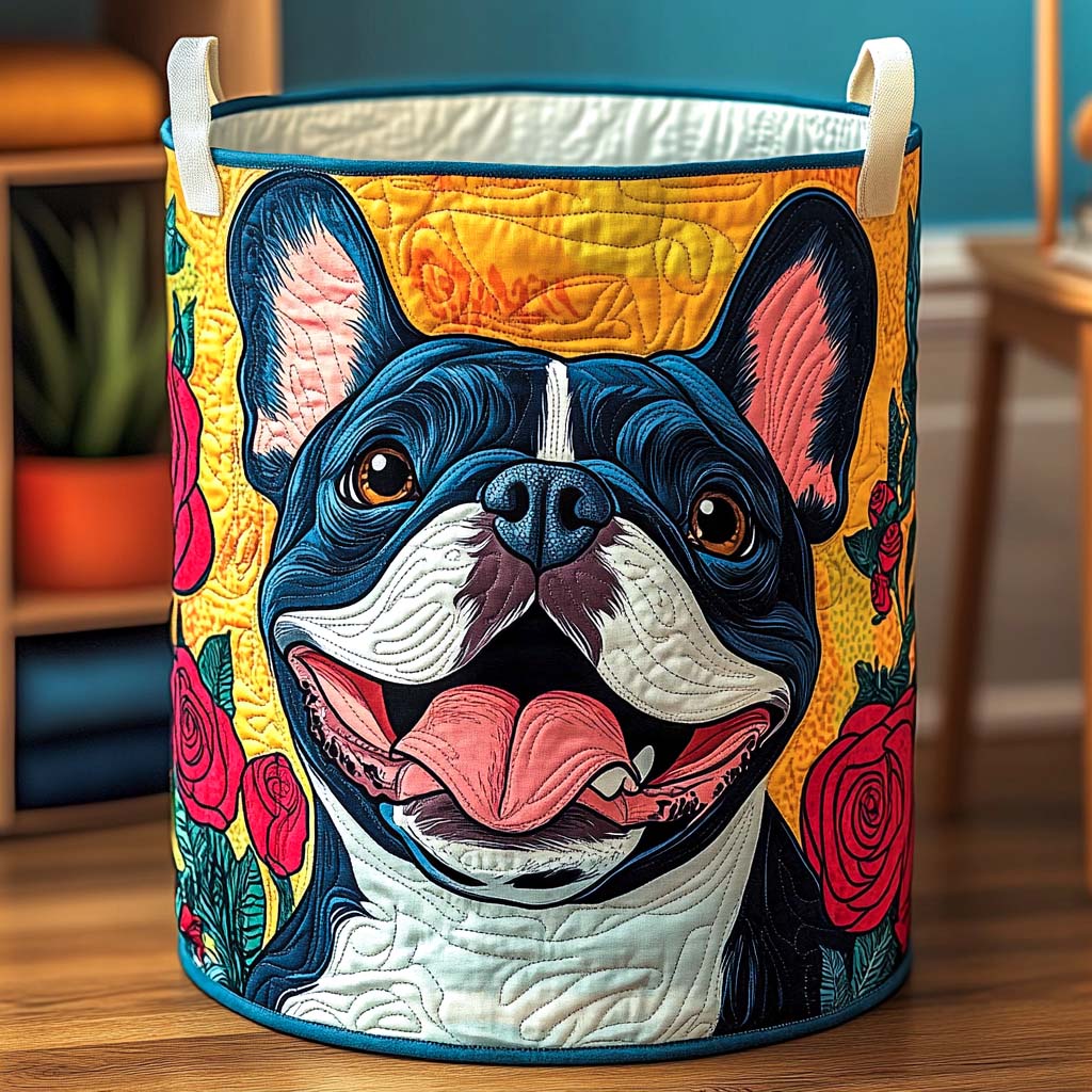 Quilted laundry basket with French Bulldog and flowers NCU0NXD546