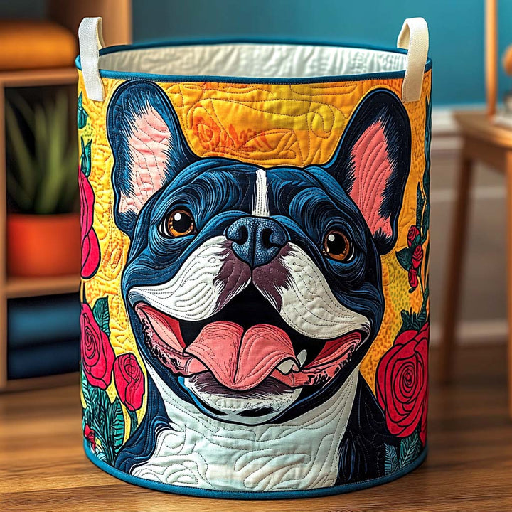 Quilted laundry basket with French Bulldog and flowers NCU0NXD546