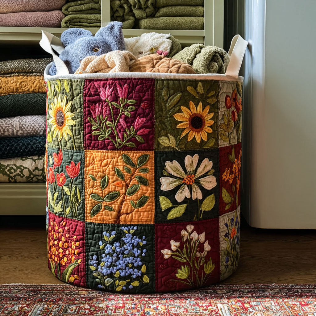 Quilted laundry basket with delicate flowers by Louise London