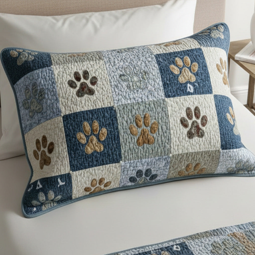 Quilted cushion cover with blue meadow and footprints by Louise London