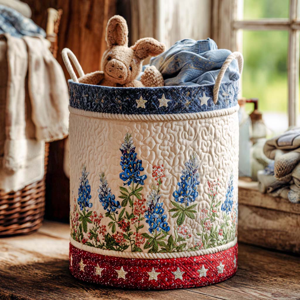 Quilted laundry basket with blue flowers