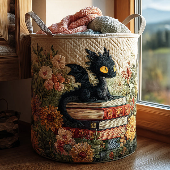 Quilted laundry basket with literary pattern by Louise London