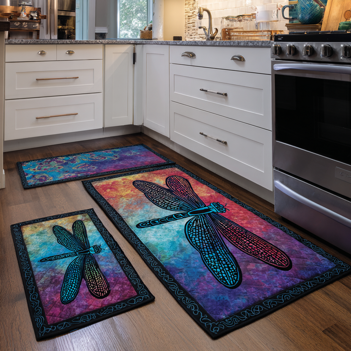 Non-slip kitchen rug with glowing dragonfly by Louise London