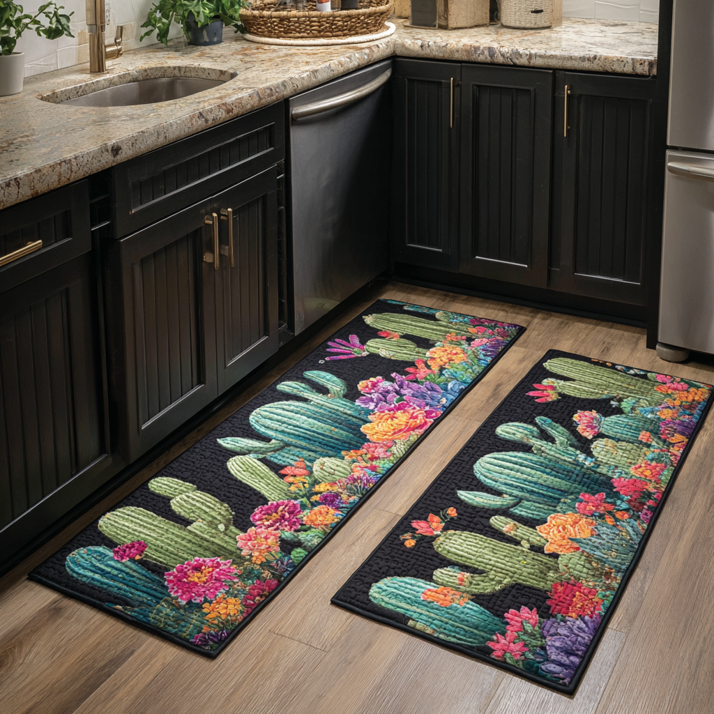 Non-slip kitchen rug with flowering cactus by Louise London