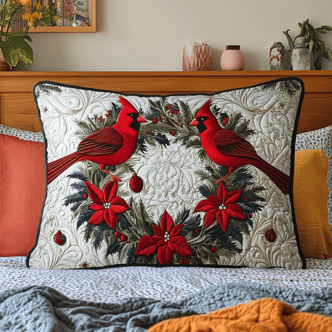 Quilted pillow cover with red cardinals by Louise London
