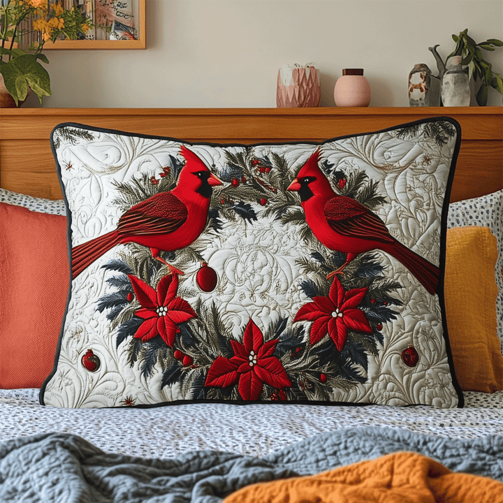Quilted pillow cover with red cardinals by Louise London