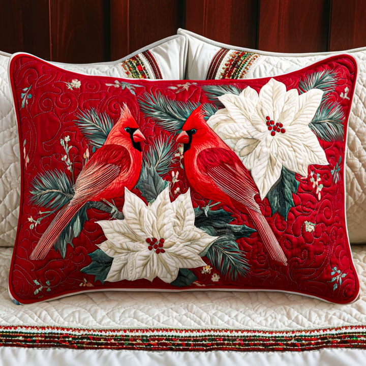 Quilted pillow cover with red cardinal by Louise London