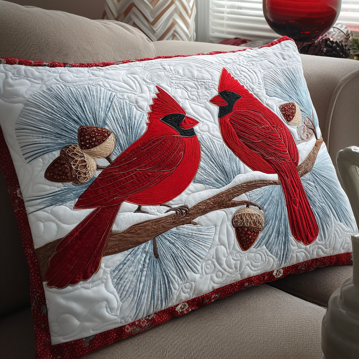 Quilted pillow cover with cardinal nest by Louise London