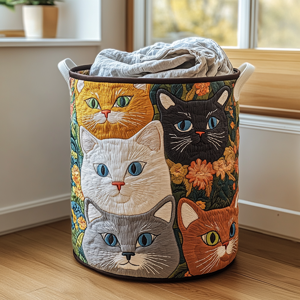Quilted laundry basket with cats and flowers by Louise London